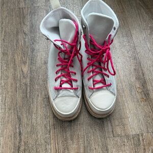 Converse Women's High-Top Sneakers in White with Vibrant Pink Laces